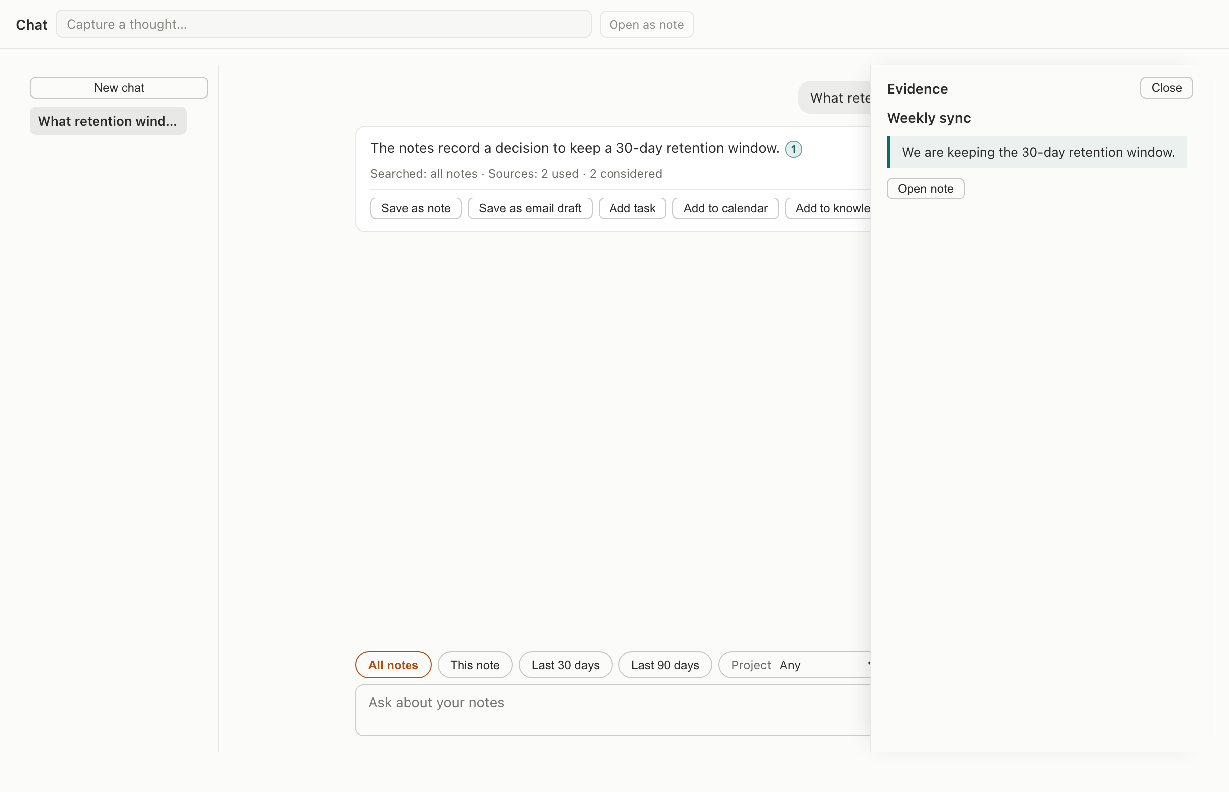 Apioni Chat answering a retention question with citation 1 open beside the exact source excerpt.