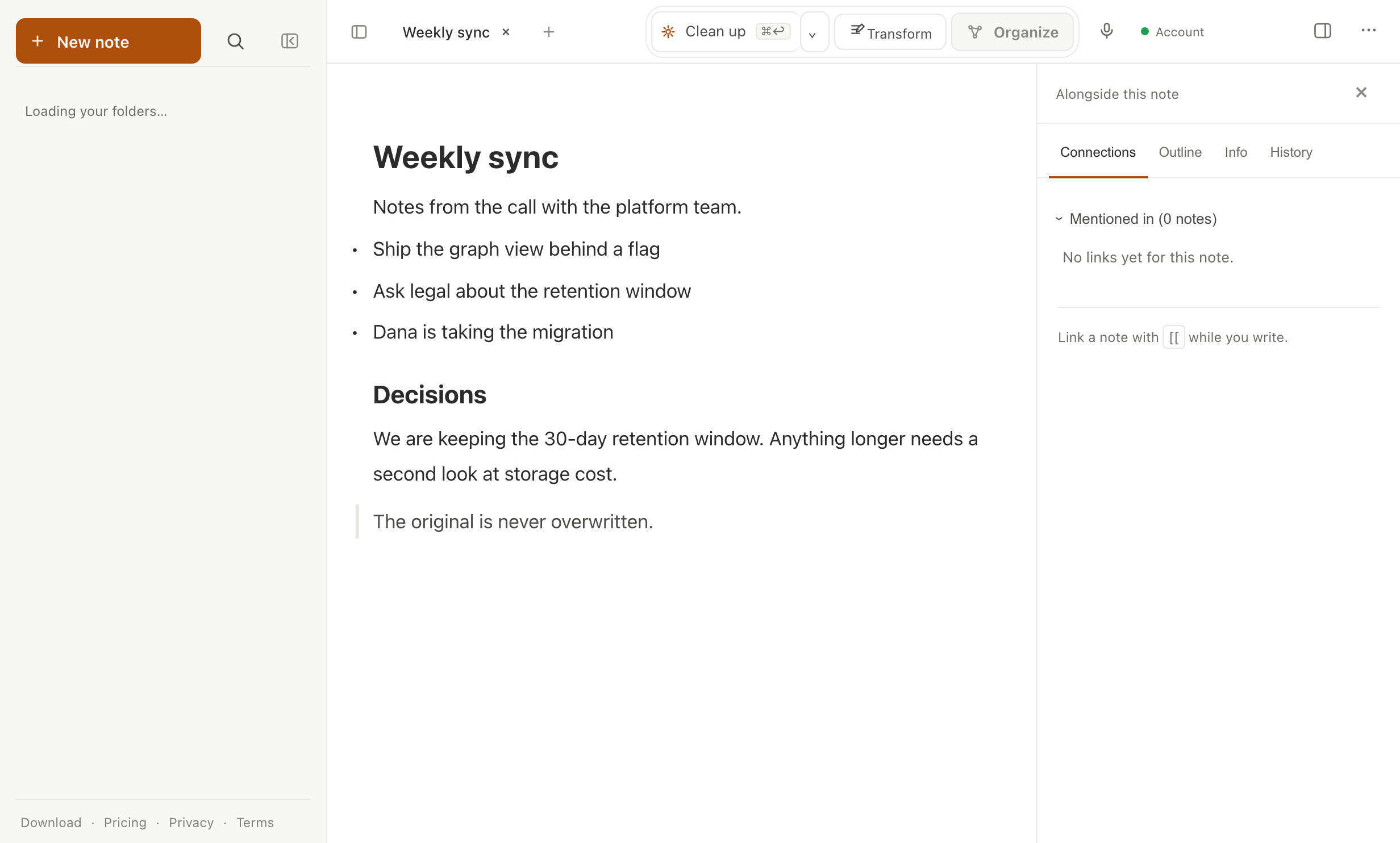The populated Weekly sync note open in Apioni, with task bullets and its Connections view.